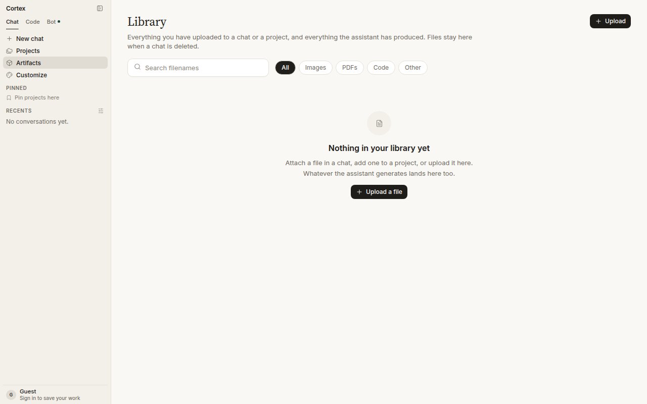 Library — Nothing in your library yet. Attach a file in a chat, add one to a project, or upload it here.