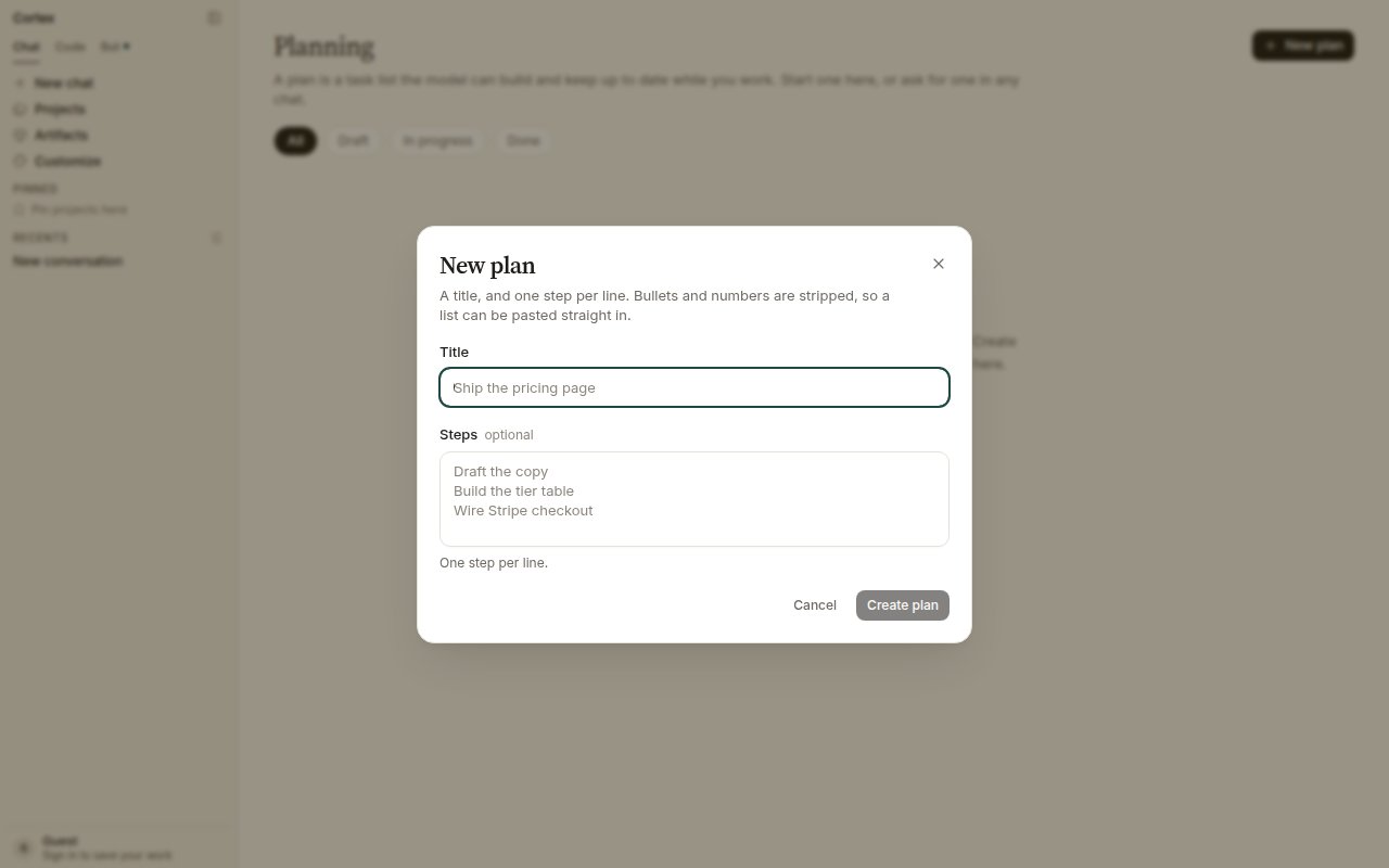 New plan dialog with Title and optional Steps, one step per line