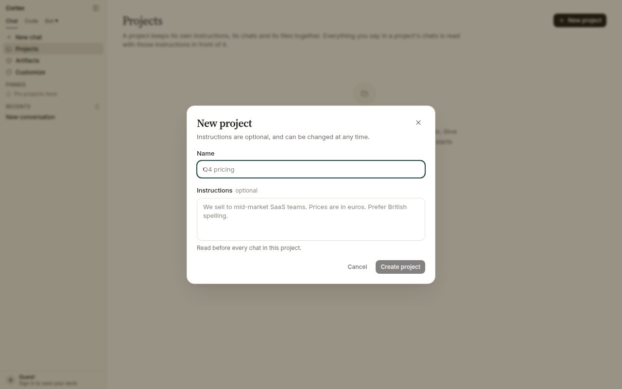 New project dialog with Name and optional Instructions fields