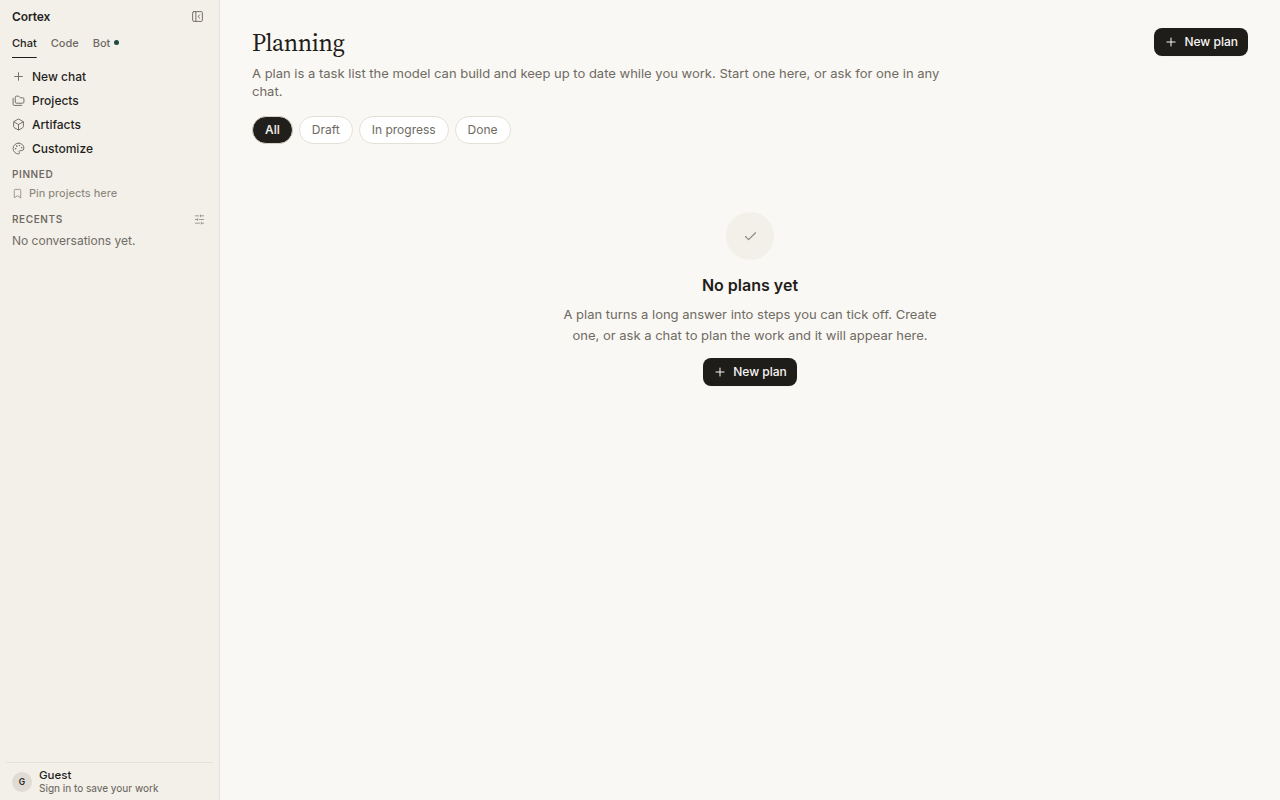 Planning — No plans yet. A plan turns a long answer into steps you can tick off.