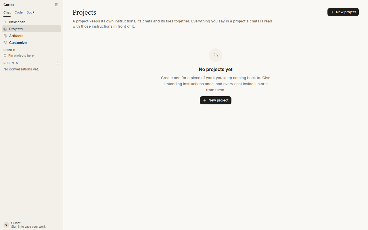 Projects — No projects yet. Create one for a piece of work you keep coming back to.