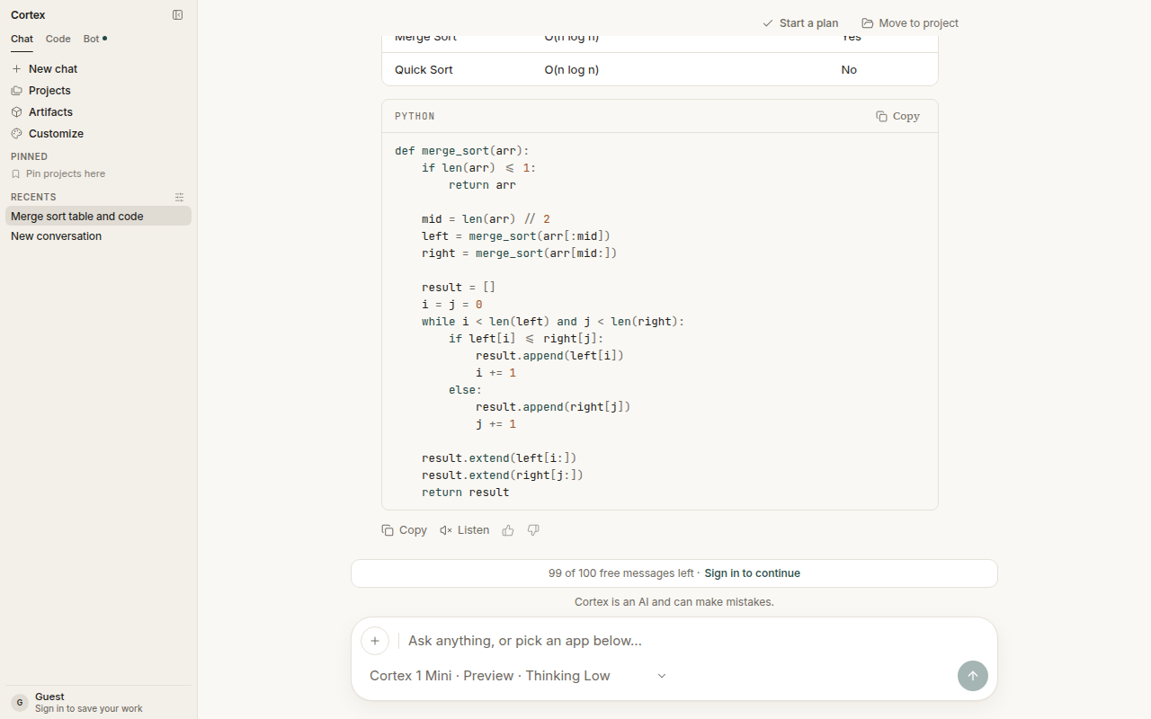 A Chat reply with a syntax-highlighted Python code block and the Copy and Listen controls beneath it