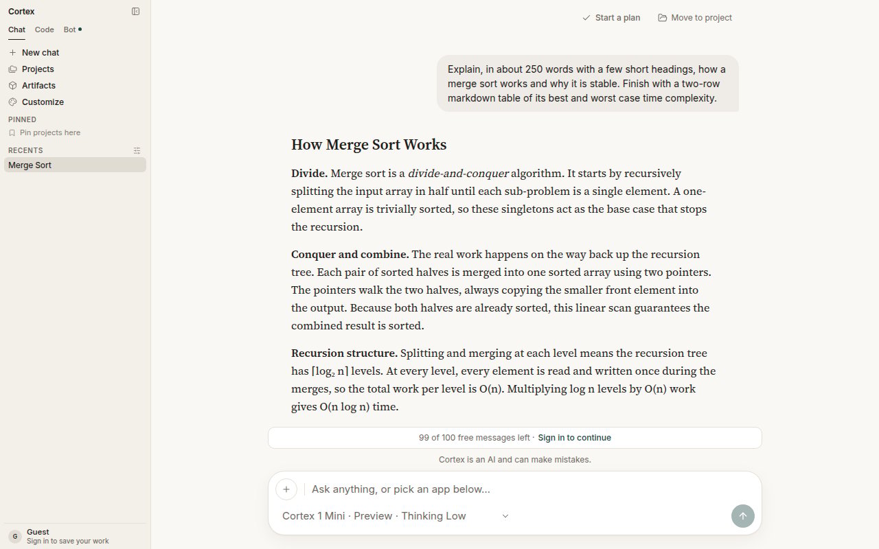 A Chat reply with headings and formatted prose explaining merge sort