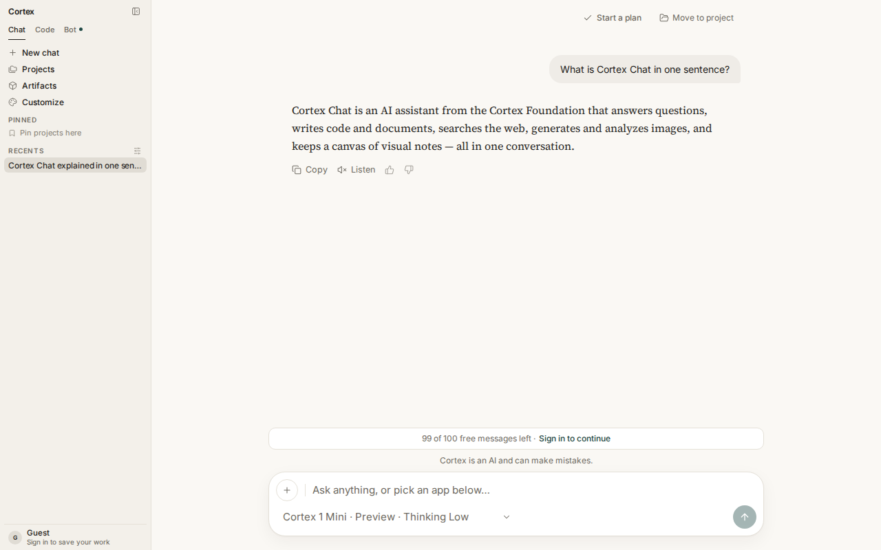 A Cortex Chat thread with a reply in the conversation pane