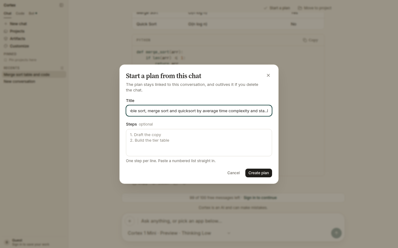 Start a plan from this chat dialog with Title and optional Steps