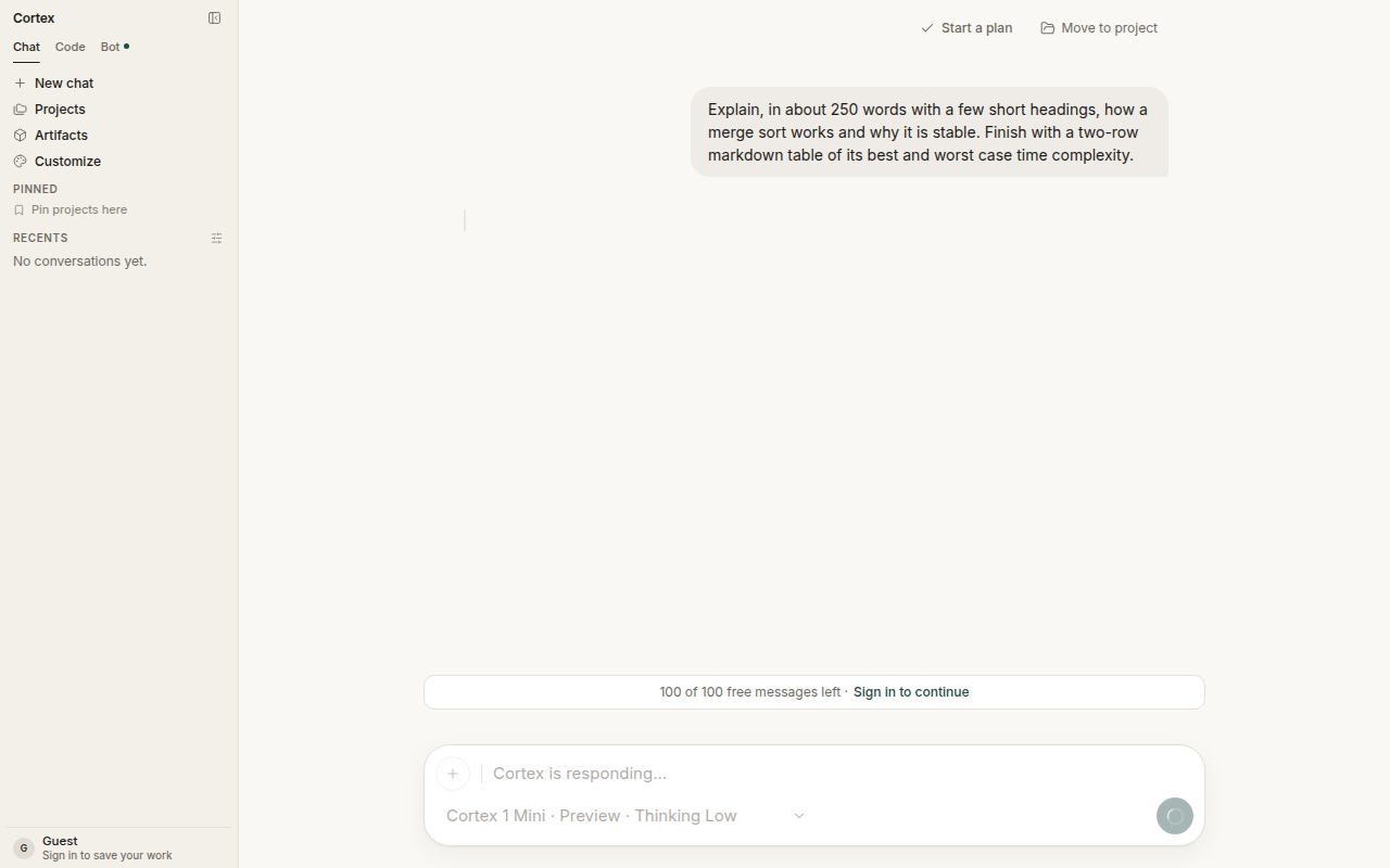 A Chat thread while a reply is in flight — Cortex is responding