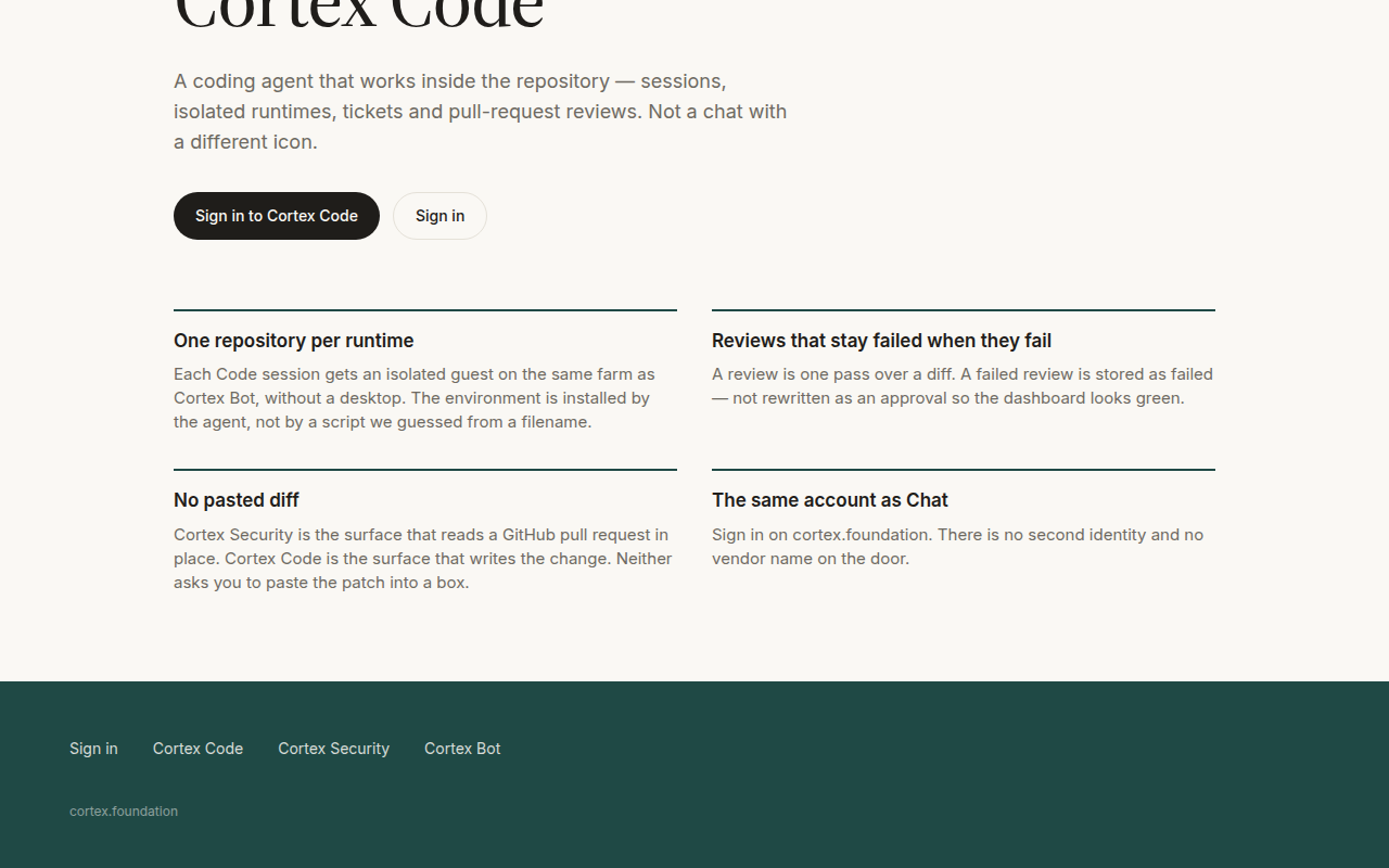 Cortex Code feature grid — One repository per runtime, Reviews that stay failed when they fail, No pasted diff, The same account as Chat