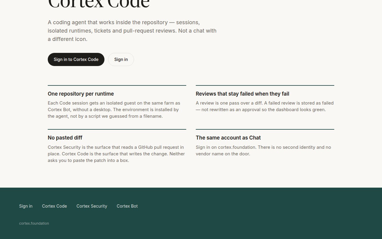 Cortex Code feature grid — One repository per runtime, Reviews that stay failed when they fail, No pasted diff, The same account as Chat