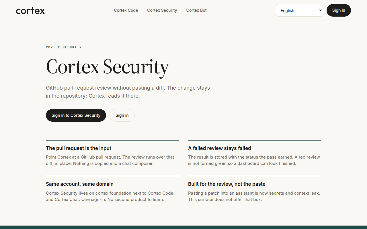 Cortex Security public page — GitHub pull-request review without pasting a diff