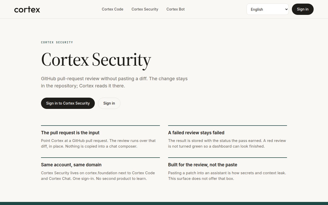 Cortex Security public page — GitHub pull-request review without pasting a diff