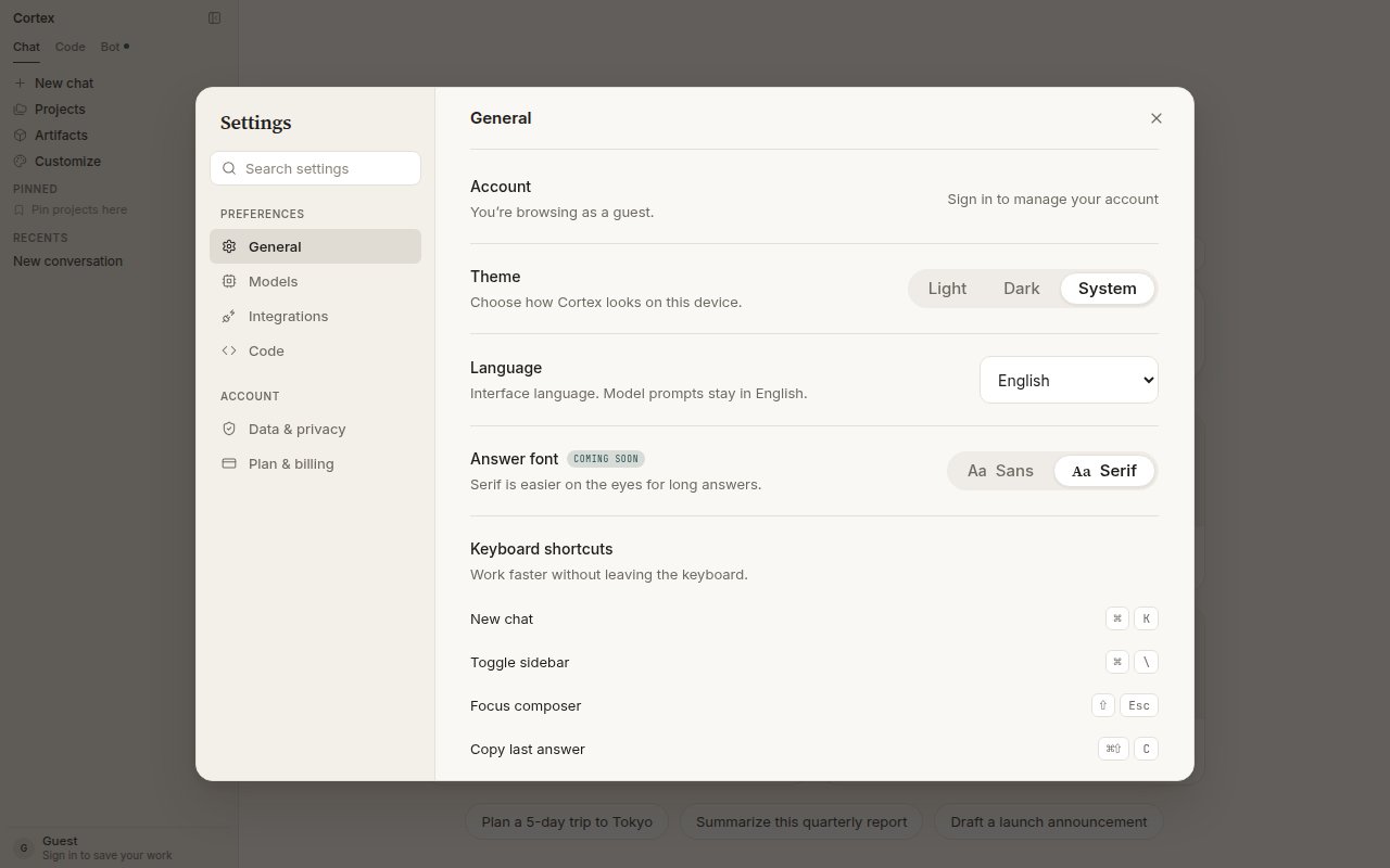 Settings panel — General tab with Account, Theme, Language, Answer font, and Keyboard shortcuts