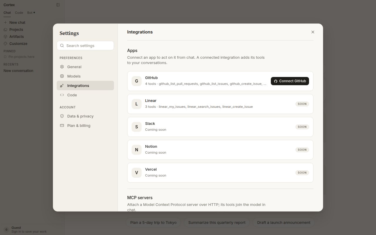 Settings → Integrations — GitHub with a Connect GitHub button and tools listed; Linear, Slack, Notion, Vercel marked Soon
