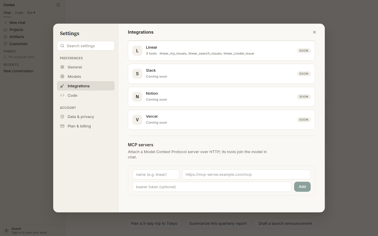 MCP servers — name, https URL, bearer token (optional), Add
