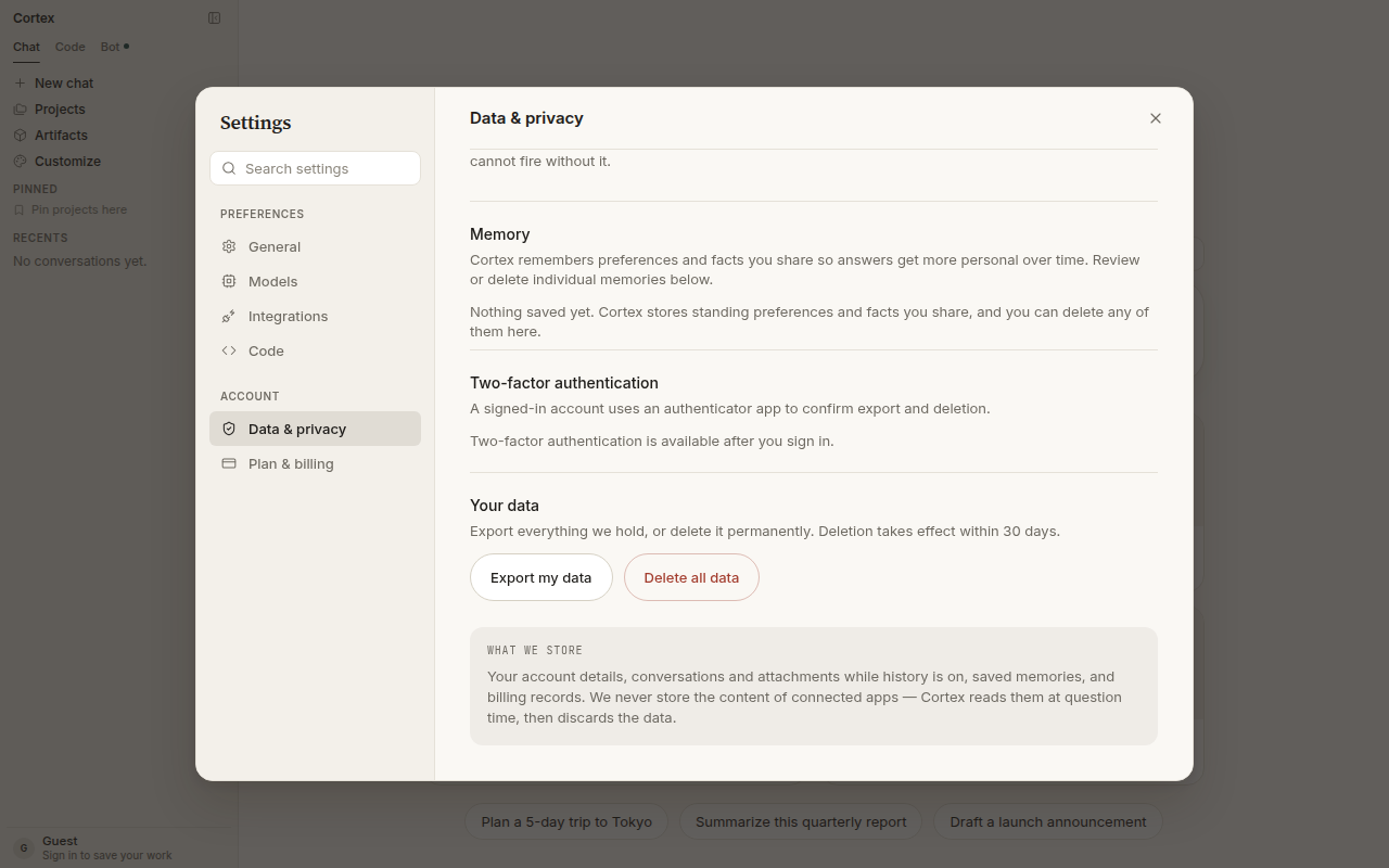 Memory, two-factor authentication, and Your data controls under Settings → Data & privacy