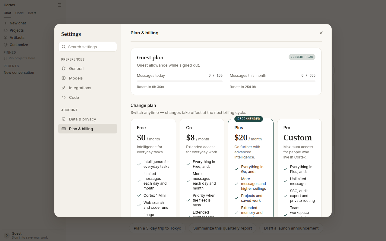 Guest plan usage — messages today 0 of 100, messages this month 0 of 500, with reset timers