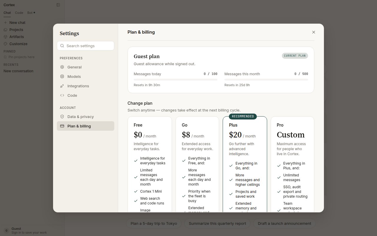 Guest plan usage — messages today 0 of 100, messages this month 0 of 500, with reset timers
