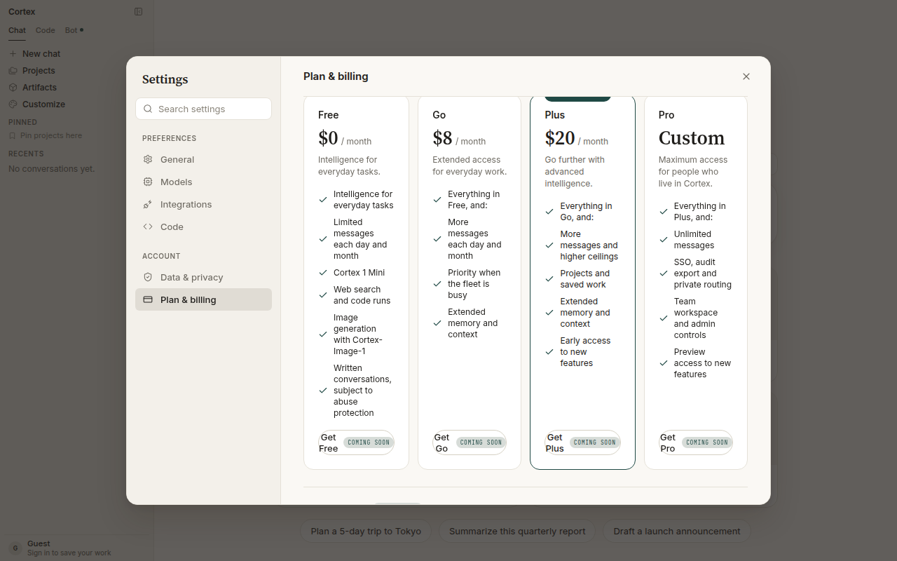 Plan & billing — Free, Go, Plus, and Pro plan cards with their features