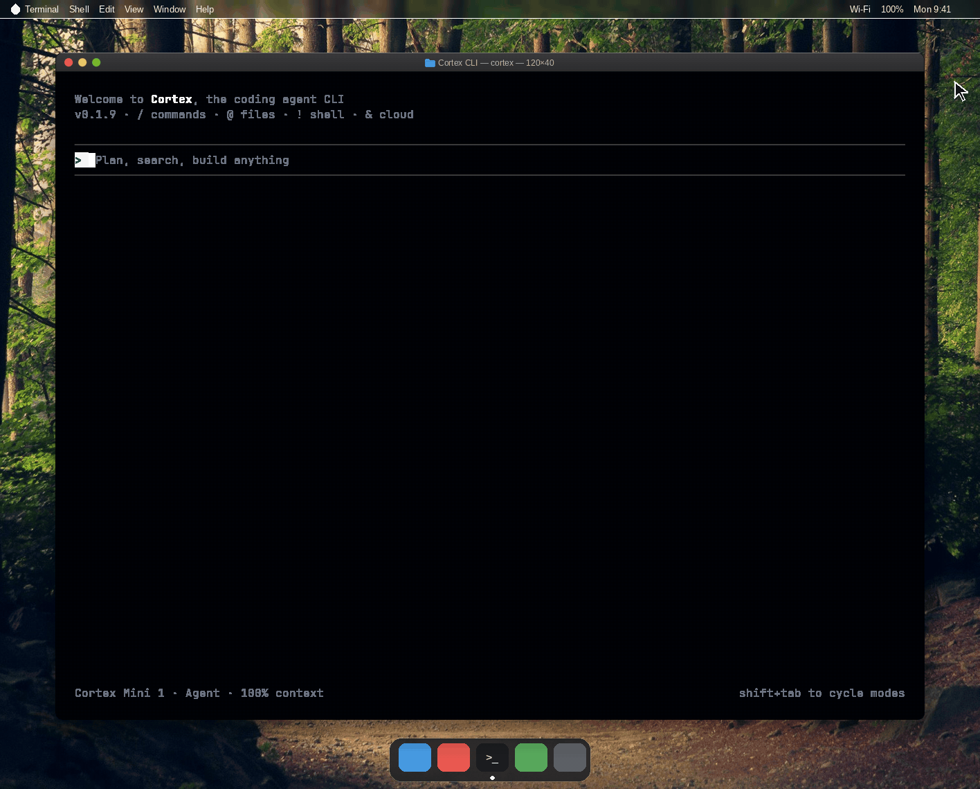 Cortex CLI on a macOS desktop: splash, prompt, slash commands, and a Shell tool row