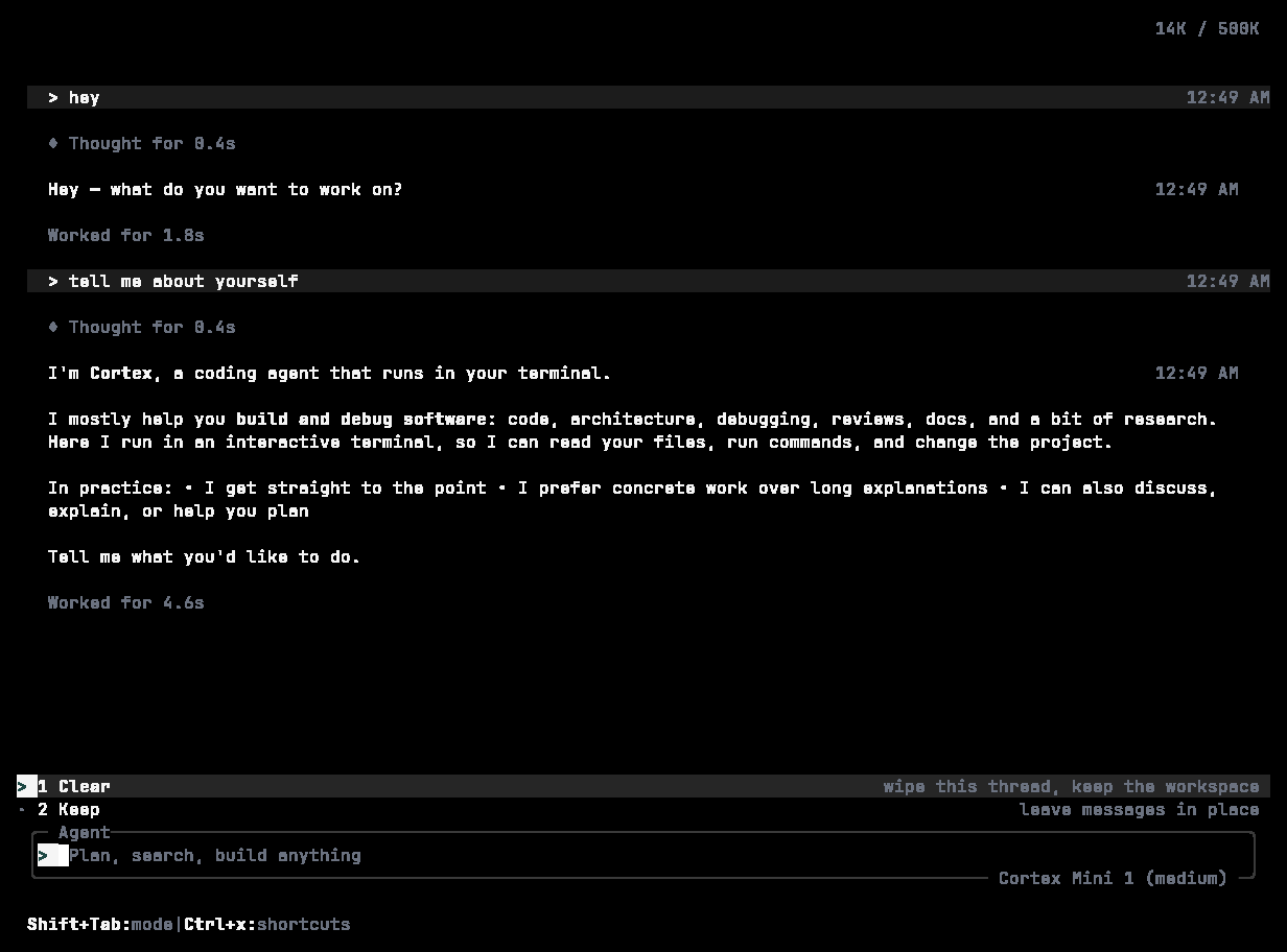 Cortex CLI clear-conversation confirmation with Yes, clear and No, keep it