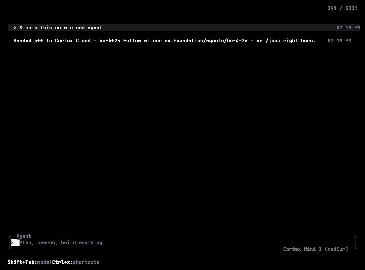 Cortex CLI showing Handed off to Cortex Cloud with agent, branch, and follow links