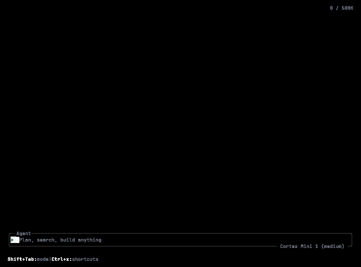 Cortex CLI empty Agent composer with the model chip on its border