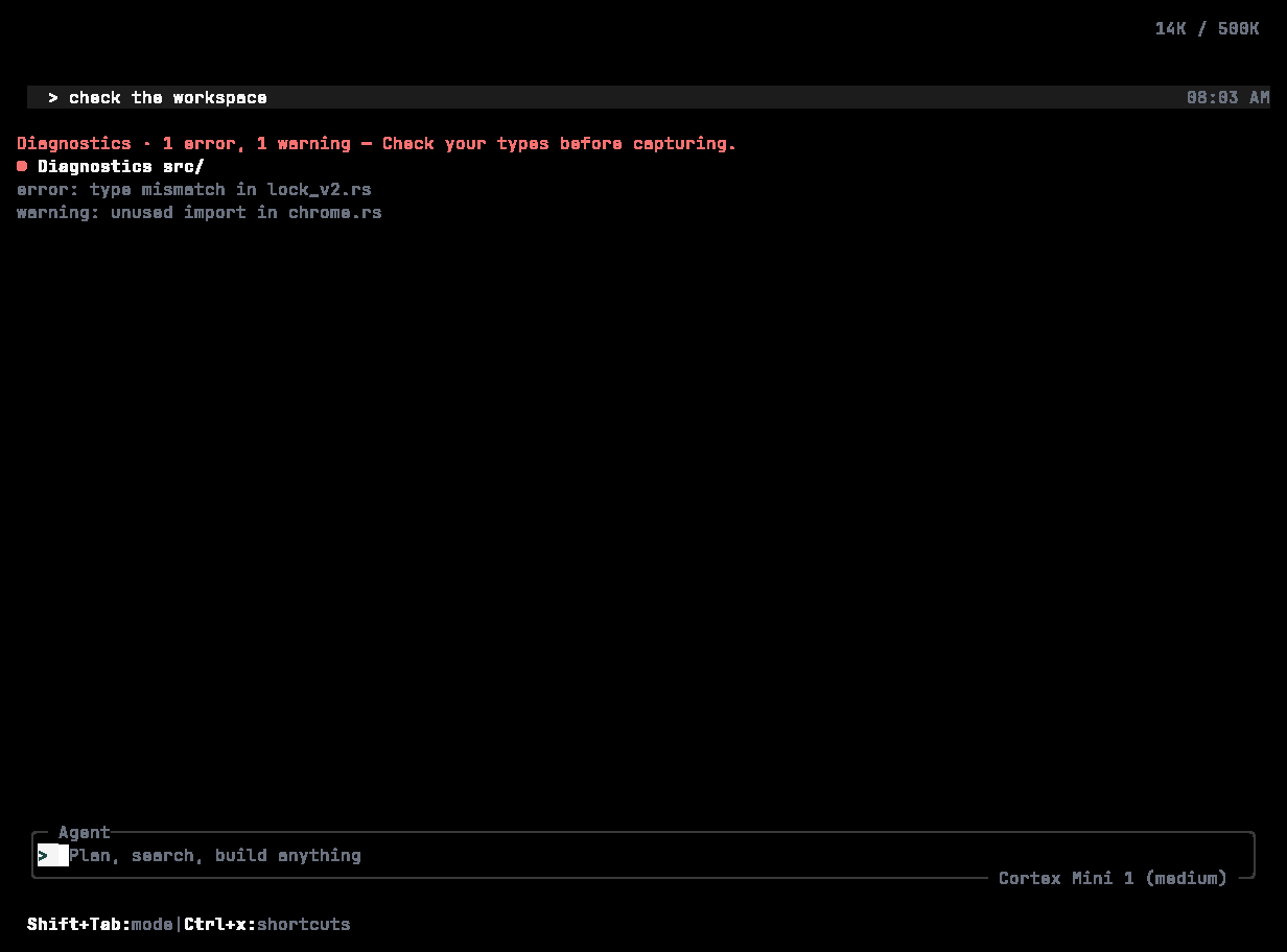 Cortex CLI Diagnostics row listing an error and a warning after an edit
