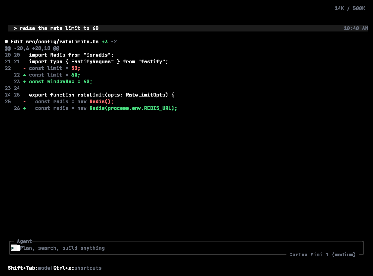 Cortex CLI edit tile showing a unified diff hunk