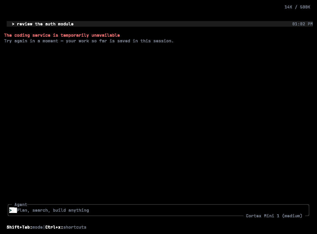 Cortex CLI showing The coding service is temporarily unavailable with a retry composer