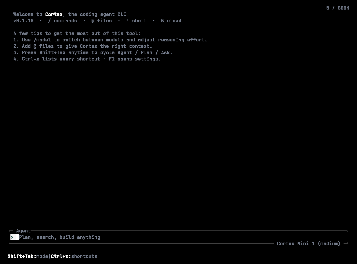 Cortex CLI first-run tips panel above the empty composer