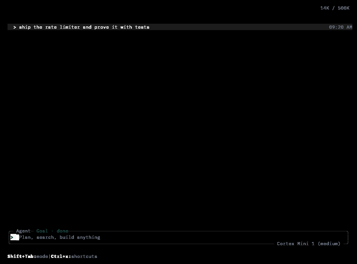 Cortex CLI composer with the Goal · done chip on its border