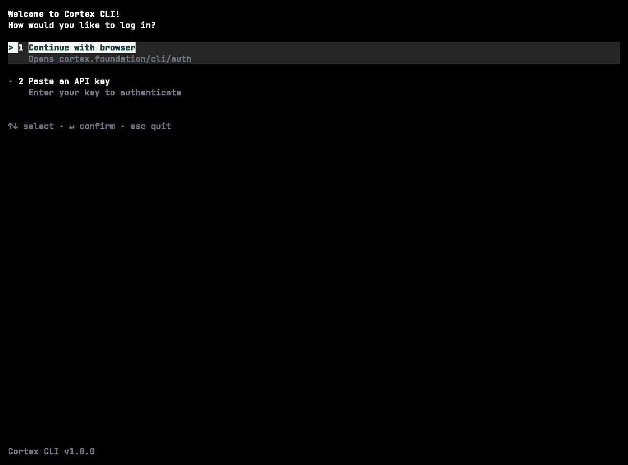 Welcome to Cortex CLI — How would you like to log in? Continue with browser or Paste an API key
