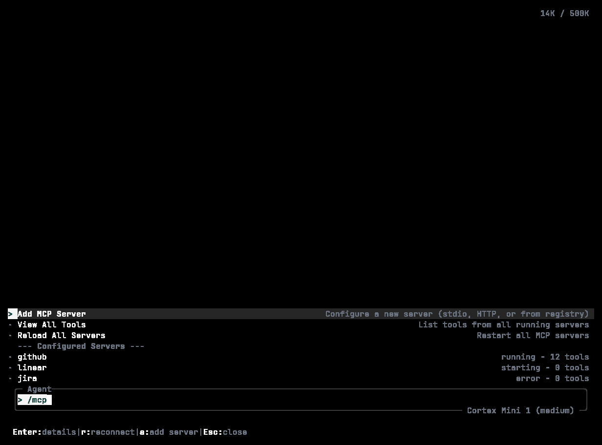 Cortex CLI MCP server manager listing four servers and their connection state
