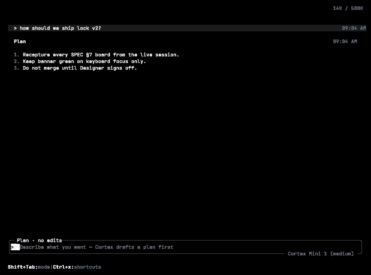 Cortex CLI in Plan mode showing a drafted plan and the Plan · no edits composer