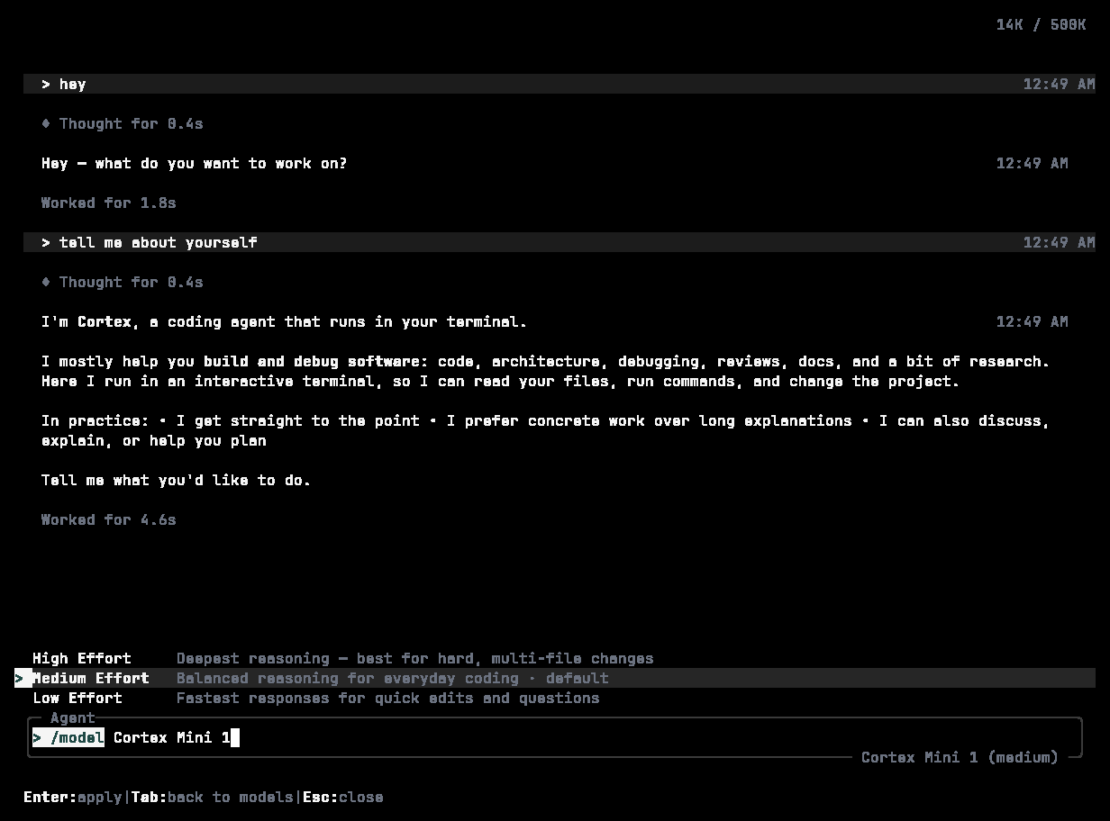 Cortex CLI /model effort picker with Medium Effort selected