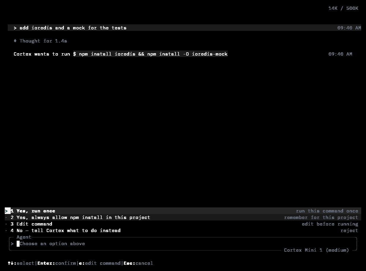Cortex CLI approval prompt with the pointer hovering over an option