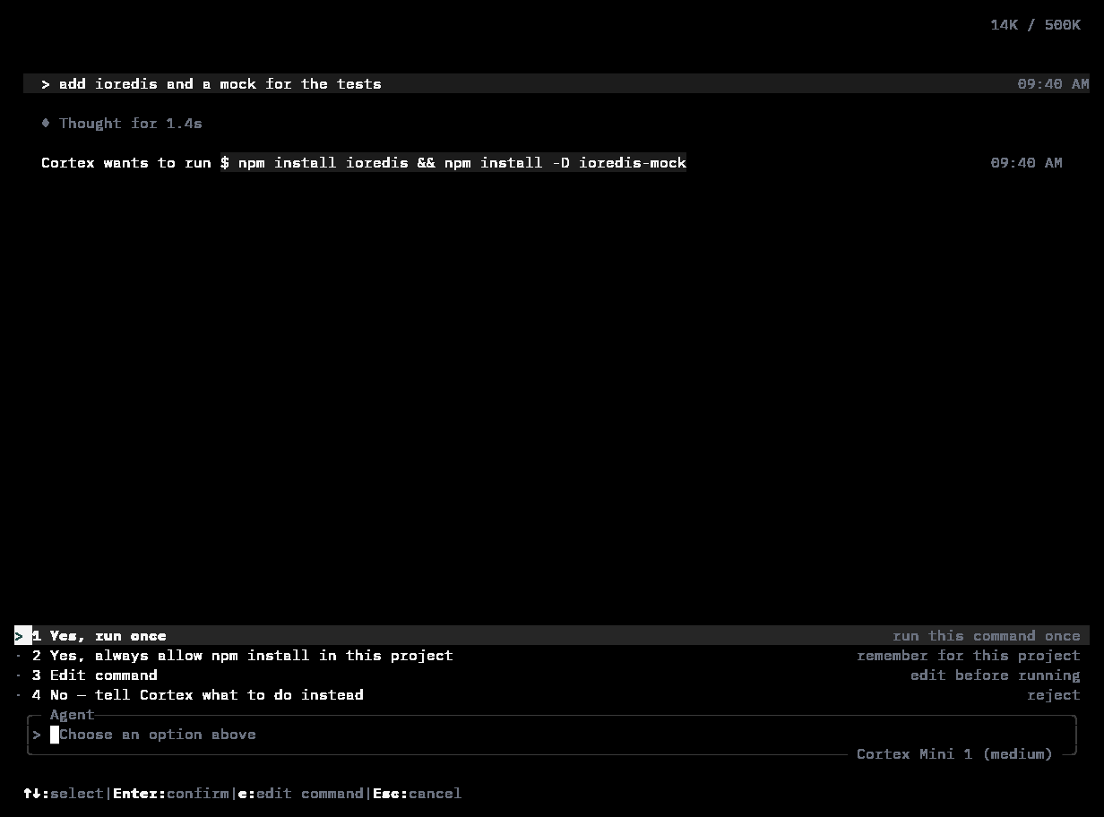 Cortex CLI inline approval prompt with four numbered options
