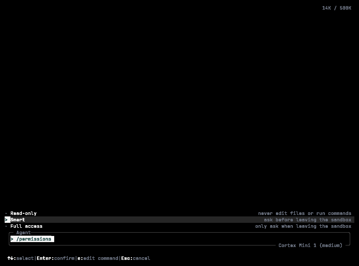Cortex CLI /permissions picker with Smart, Read-only, and Full access