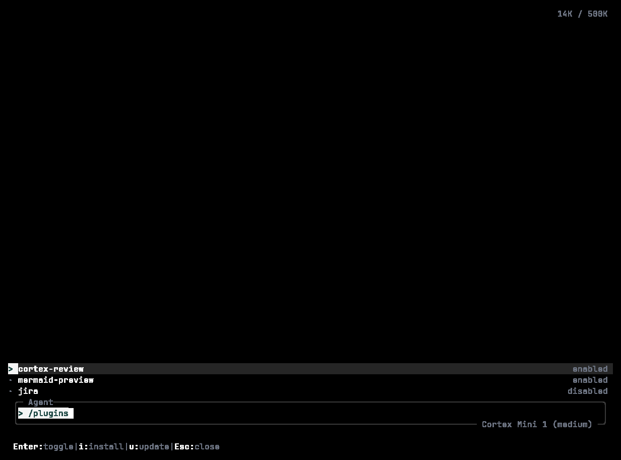 Cortex CLI plugins manager listing installed plugins