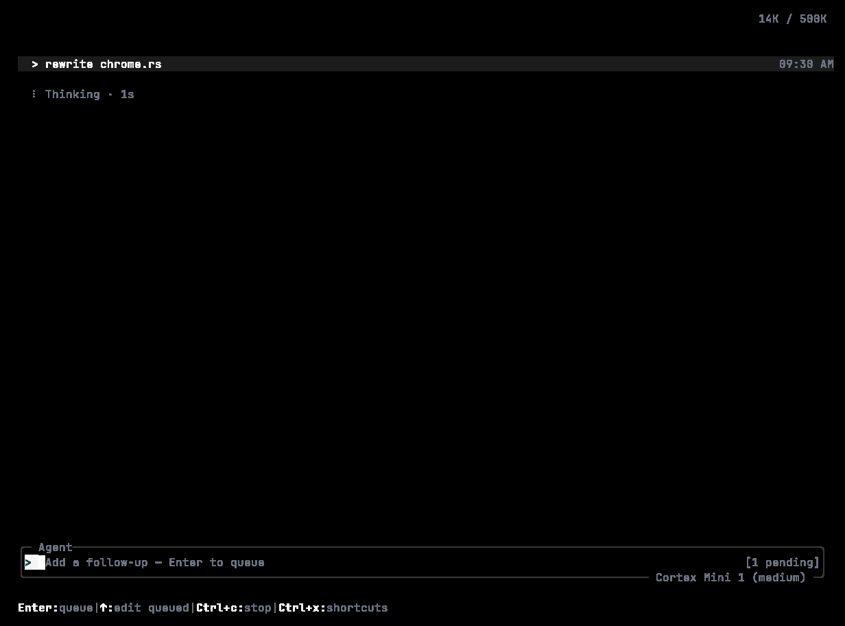 Cortex CLI with a running Shell tool and two queued follow-ups