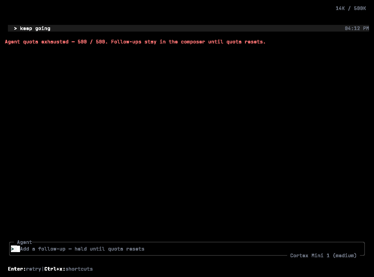 Cortex CLI quota exhausted state with a held composer