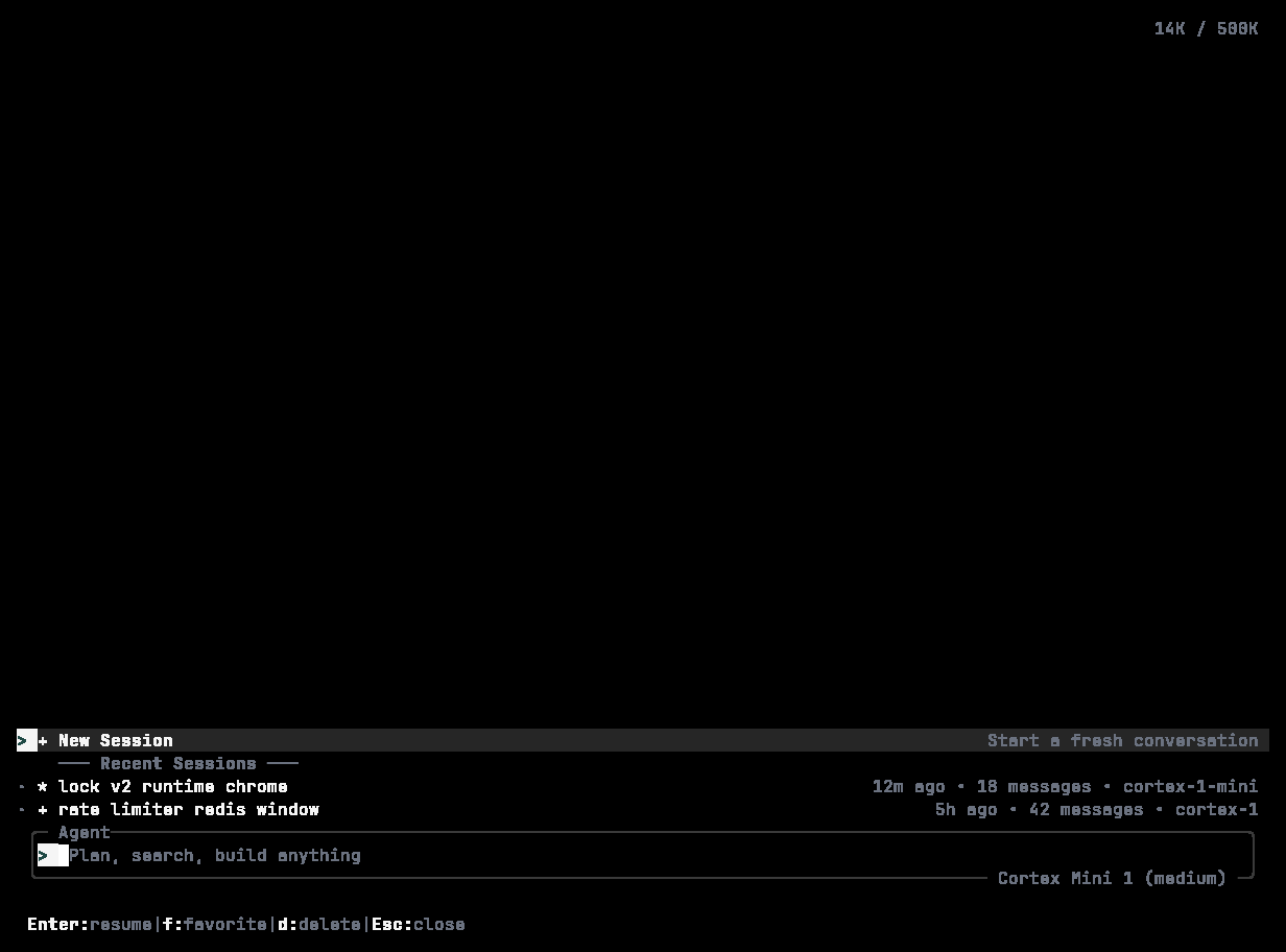 Cortex CLI resume picker listing recent sessions