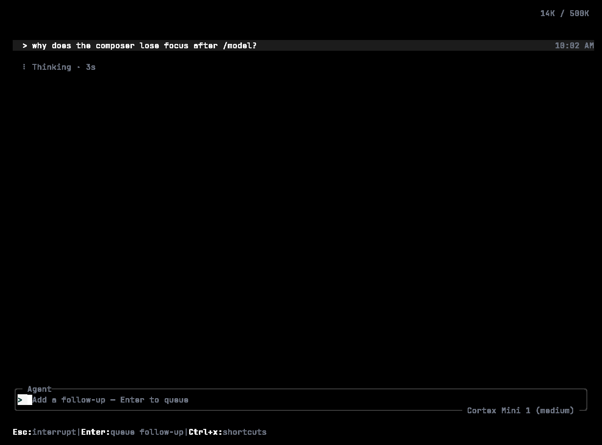 Cortex CLI thinking on a prompt, with Add a follow-up — Enter to queue in the composer