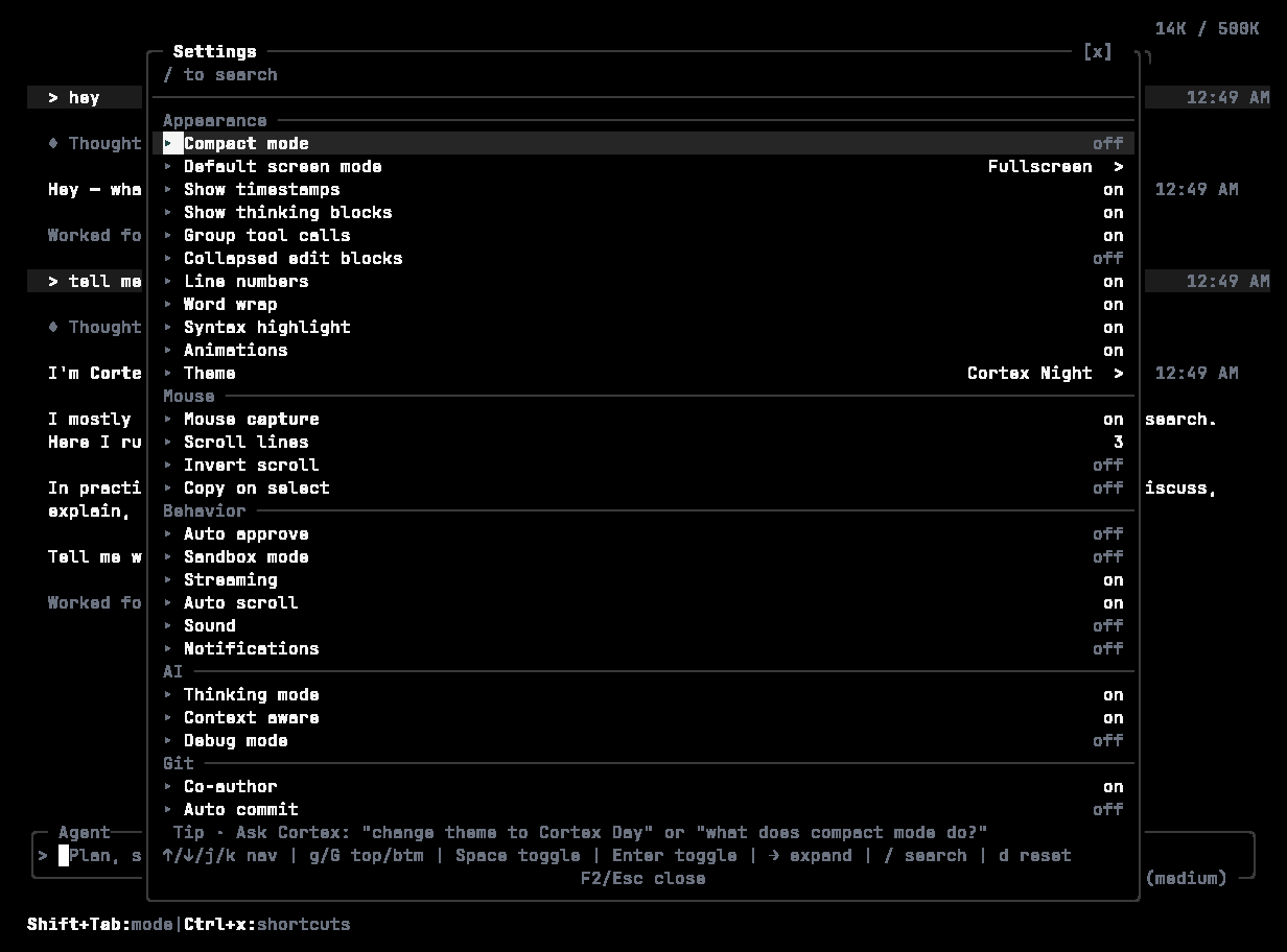 Cortex CLI settings modal open on the Appearance section