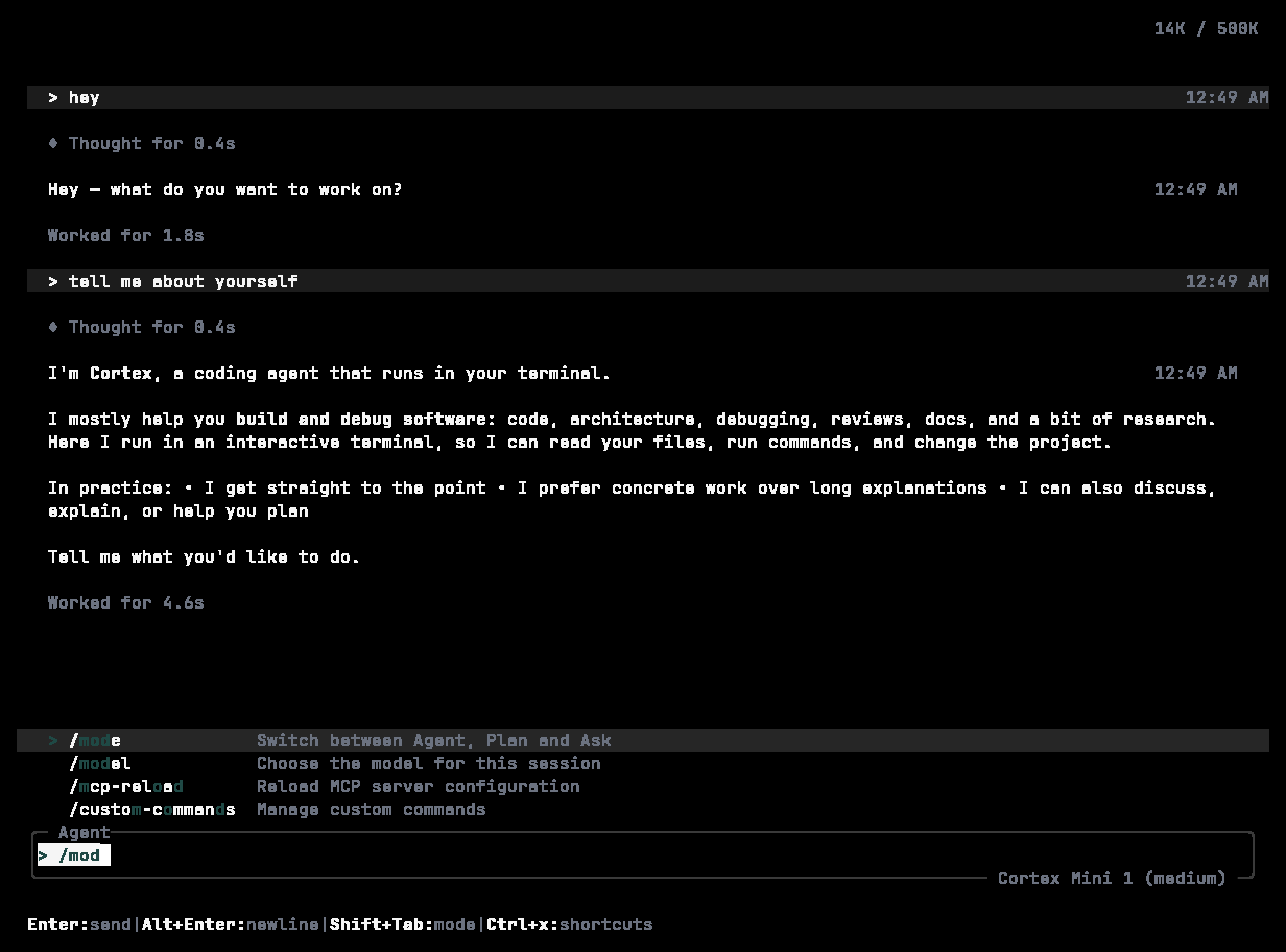 Cortex CLI slash palette filtered by typing /model