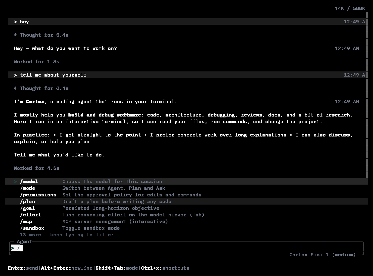Cortex CLI slash command palette showing /model, /mode, /permissions, /plan, /goal, /effort, /mcp, /sandbox