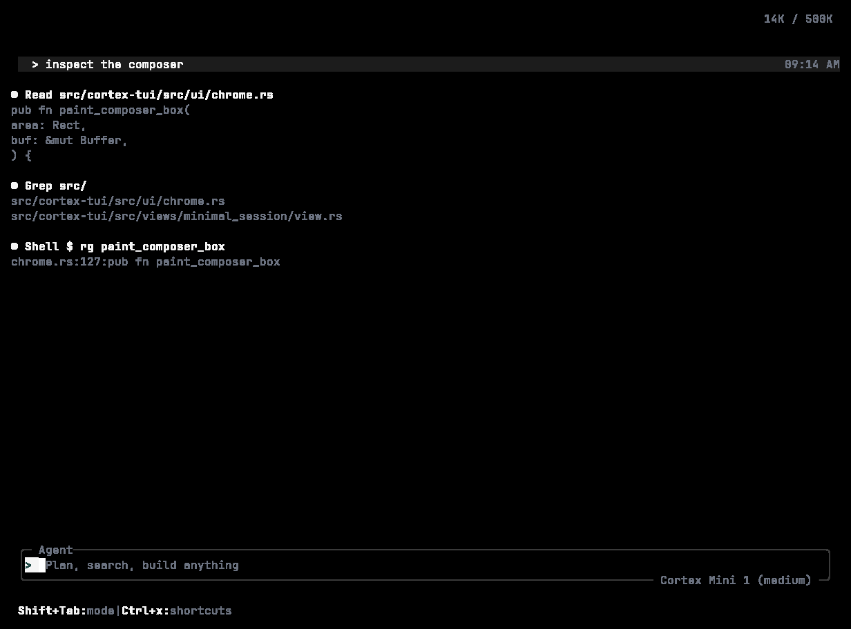 Cortex CLI timeline with Read, Grep, and Shell tool rows and a failing test result