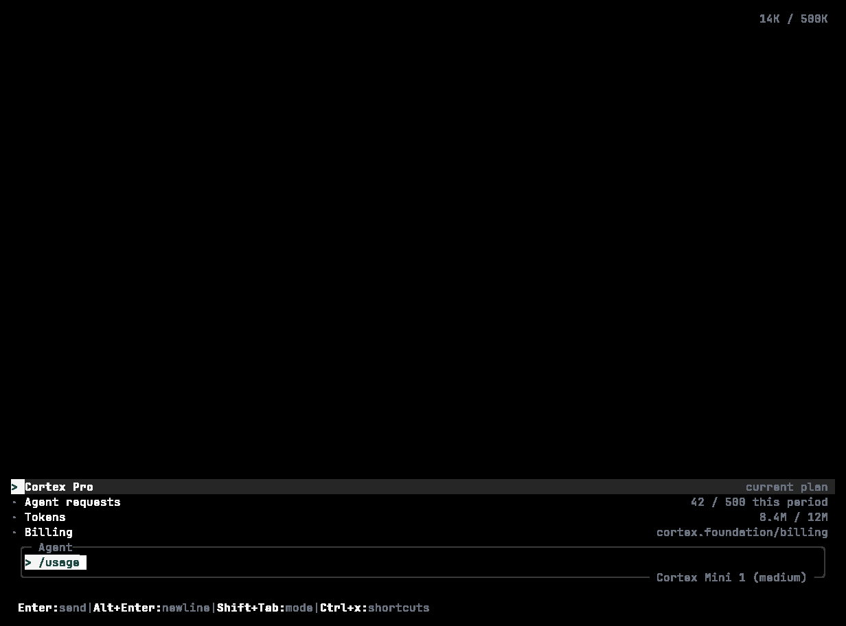 Cortex CLI /usage panel showing agent requests, tokens, and Cloud agent minutes