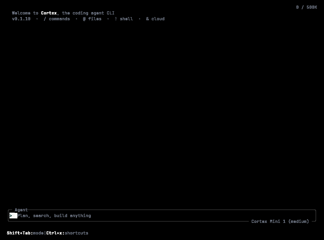 Cortex CLI welcome splash for v0.1.10 with the empty composer