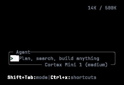 Cortex CLI composer with the pointer over it, rendered in a 40 by 12 terminal