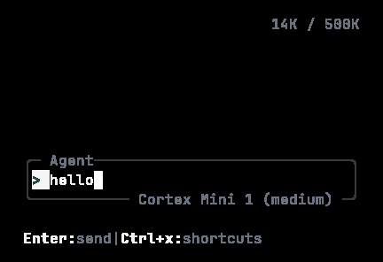 Cortex CLI composer with a prompt being typed, rendered in a 40 by 12 terminal